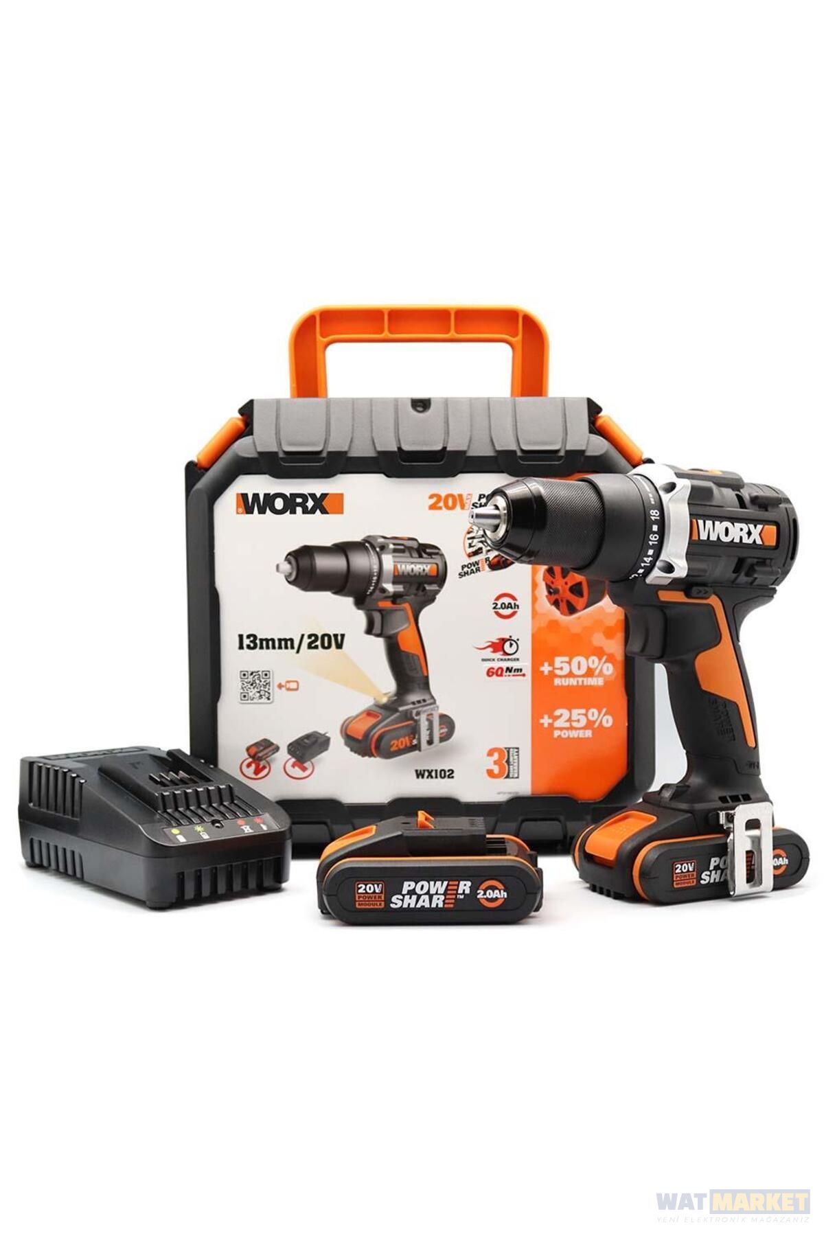 WORX WX102 20V/2.0Ah Li-ion Çift Akülü Kömürsüz Profesyonel Şarjlı Matkap