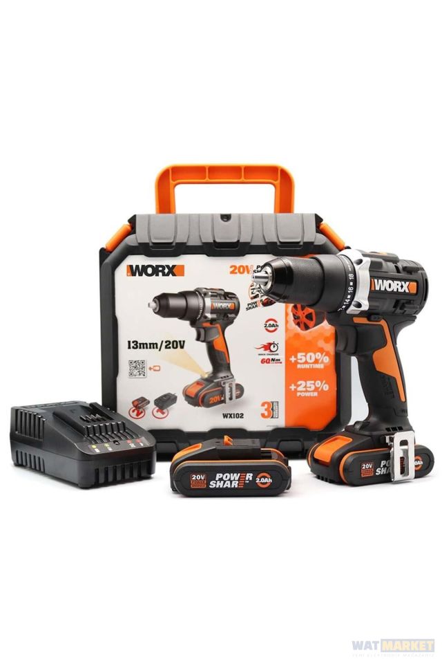 WORX WX102 20V/2.0Ah Li-ion Çift Akülü Kömürsüz Profesyonel Şarjlı Matkap